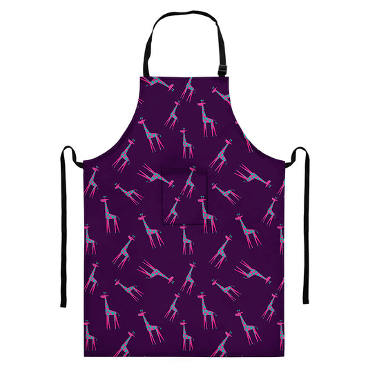 Purple And Teal Giraffe Pattern Print Bib Apron With Pocket