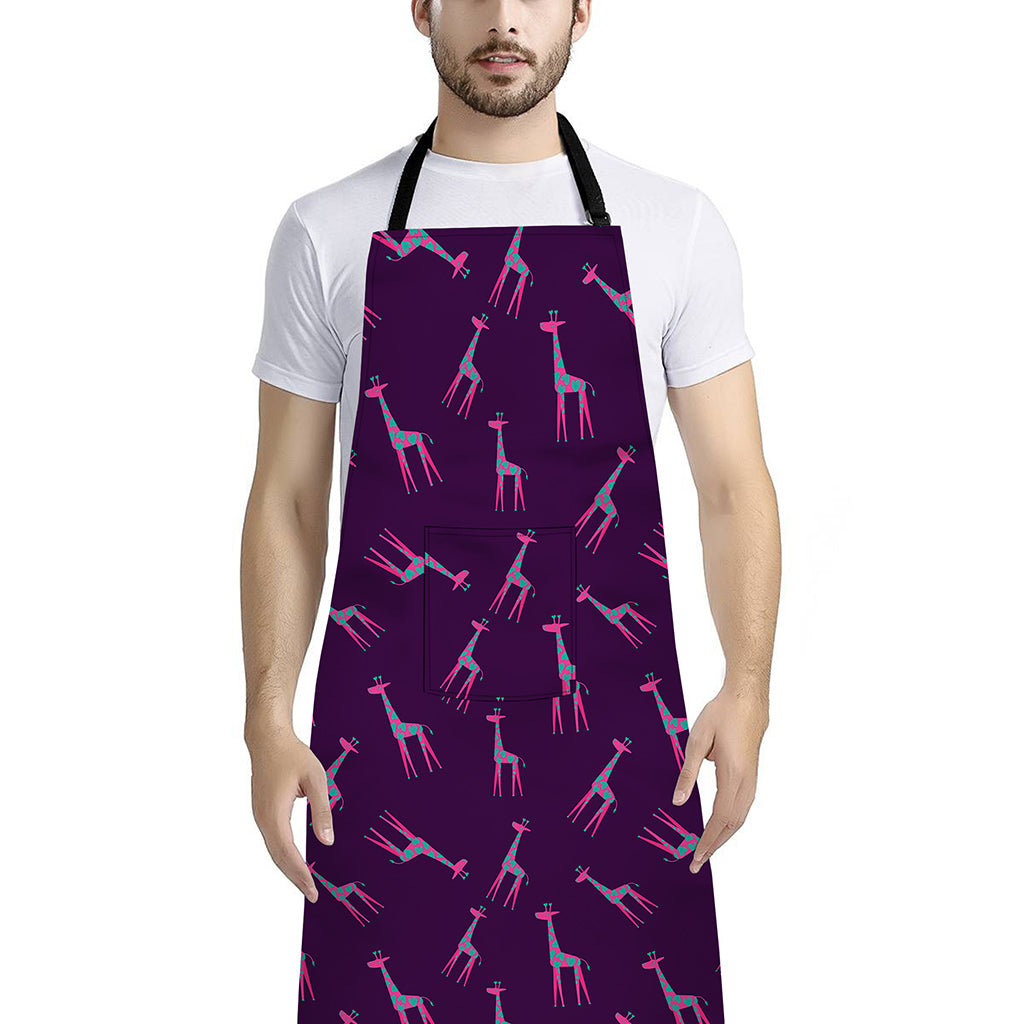 Purple And Teal Giraffe Pattern Print Bib Apron With Pocket