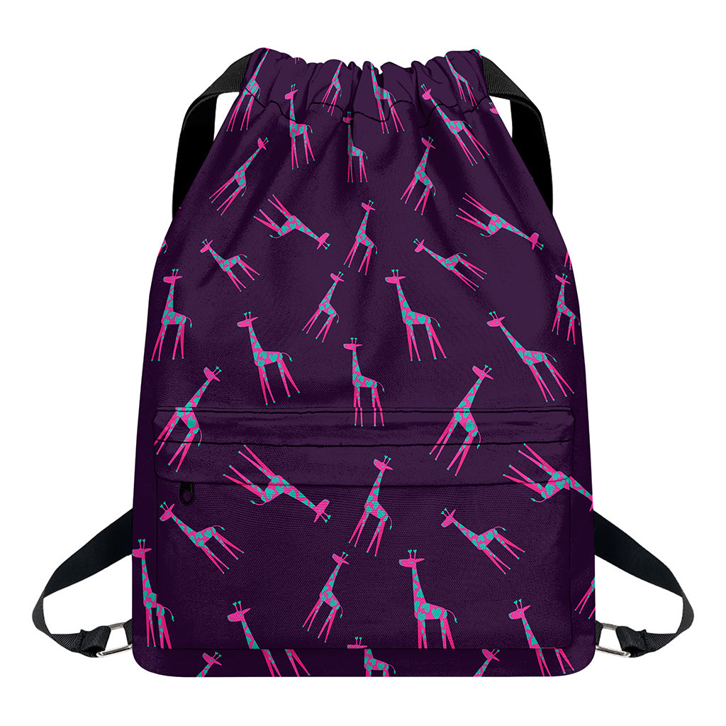 Purple And Teal Giraffe Pattern Print Drawstring Backpack