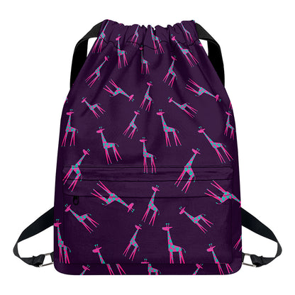 Purple And Teal Giraffe Pattern Print Drawstring Backpack