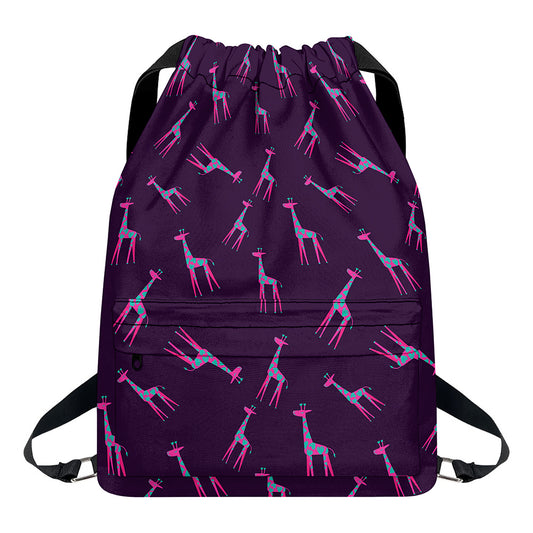 Purple And Teal Giraffe Pattern Print Drawstring Backpack