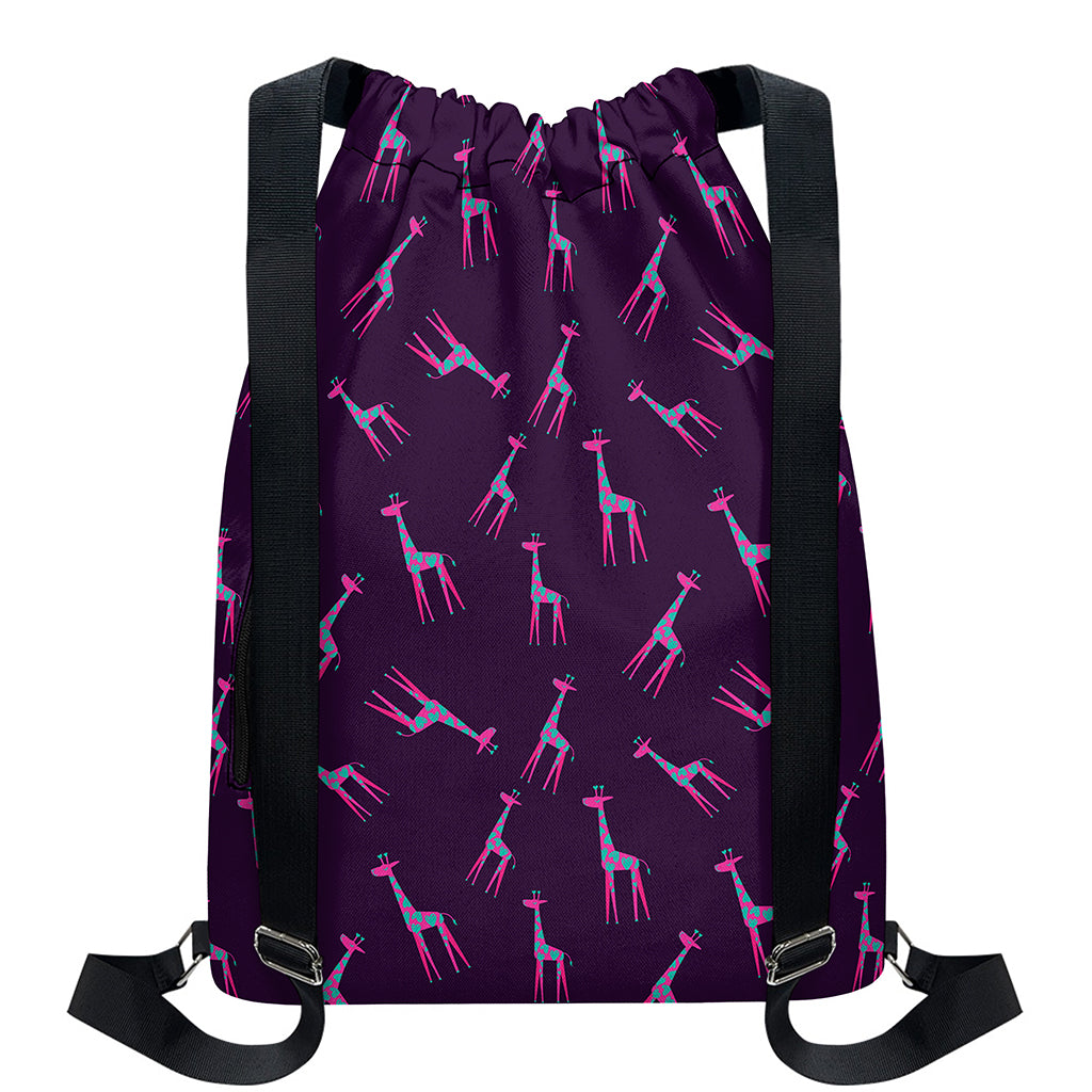 Purple And Teal Giraffe Pattern Print Drawstring Backpack