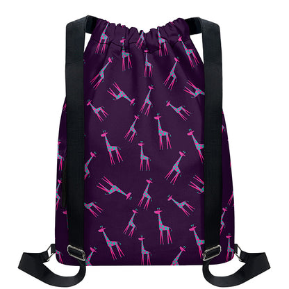 Purple And Teal Giraffe Pattern Print Drawstring Backpack