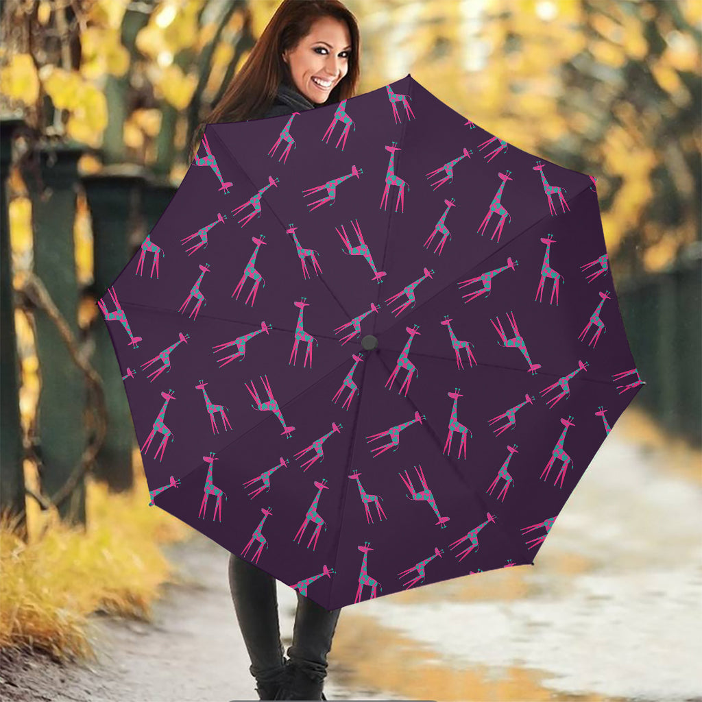 Purple And Teal Giraffe Pattern Print Foldable Umbrella