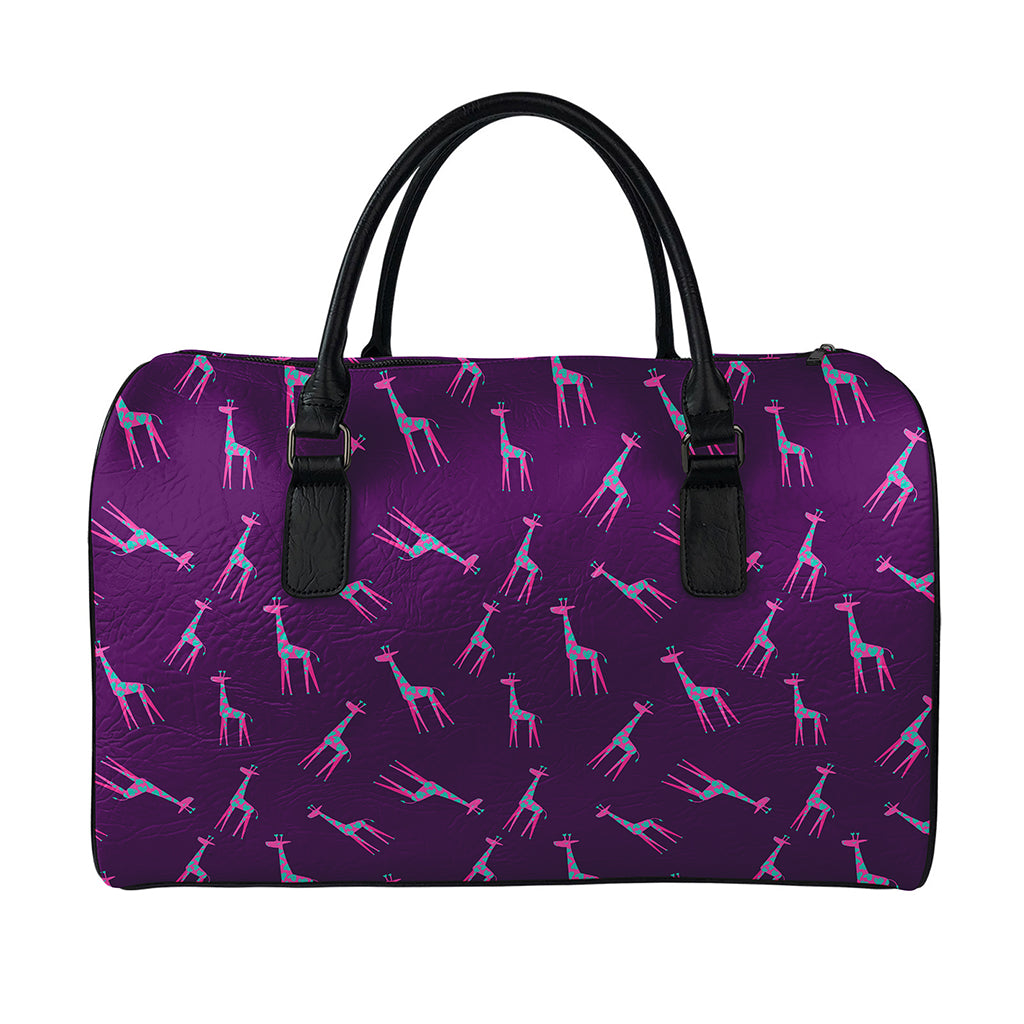 Purple And Teal Giraffe Pattern Print Leather Duffle Bag