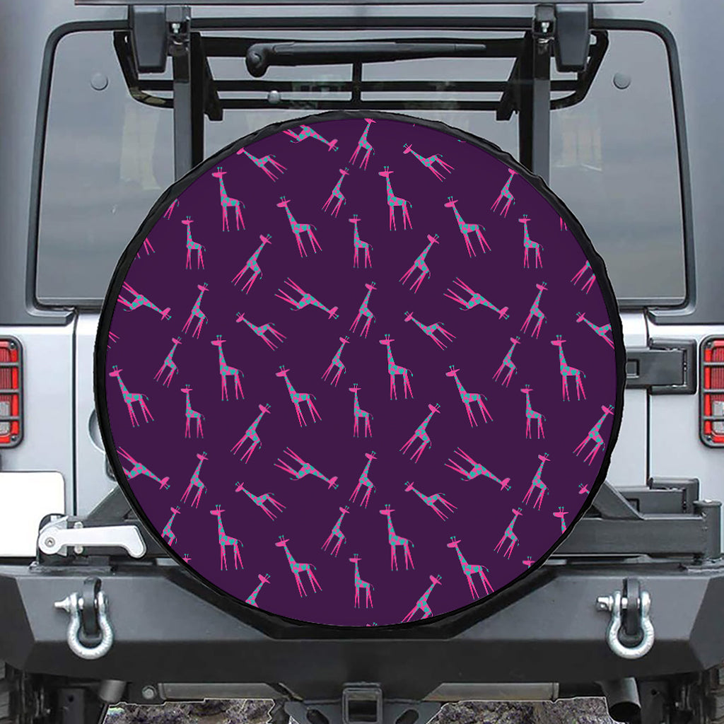 Purple And Teal Giraffe Pattern Print Leather Spare Tire Cover