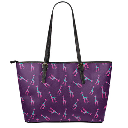 Purple And Teal Giraffe Pattern Print Leather Tote Bag