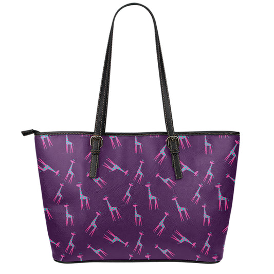 Purple And Teal Giraffe Pattern Print Leather Tote Bag