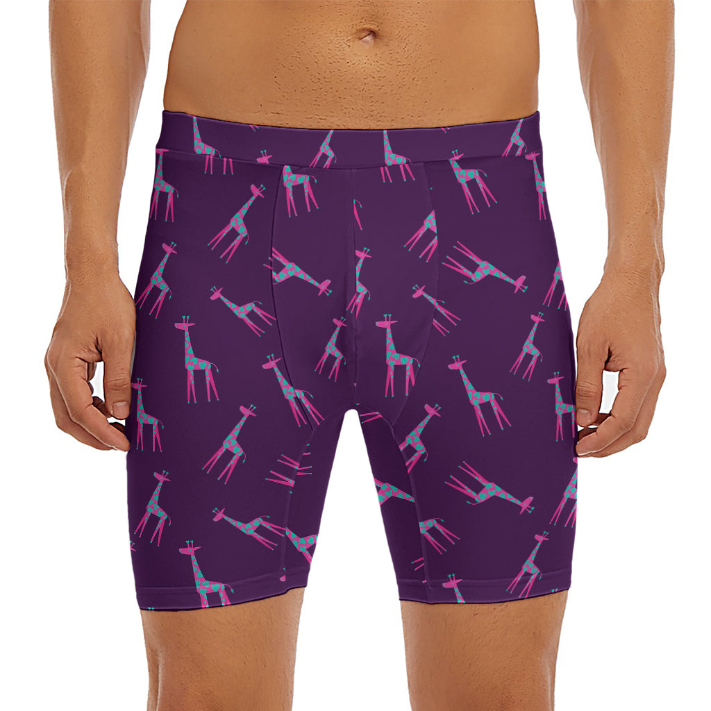 Purple And Teal Giraffe Pattern Print Men's Long Boxer Briefs