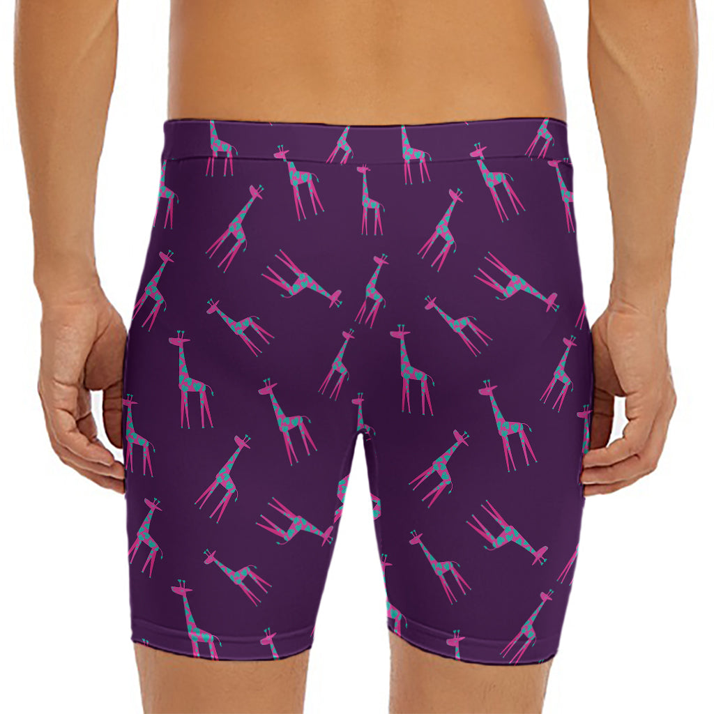 Purple And Teal Giraffe Pattern Print Men's Long Boxer Briefs