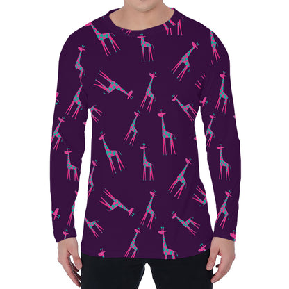 Purple And Teal Giraffe Pattern Print Men's Long Sleeve T-Shirt