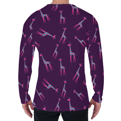 Purple And Teal Giraffe Pattern Print Men's Long Sleeve T-Shirt