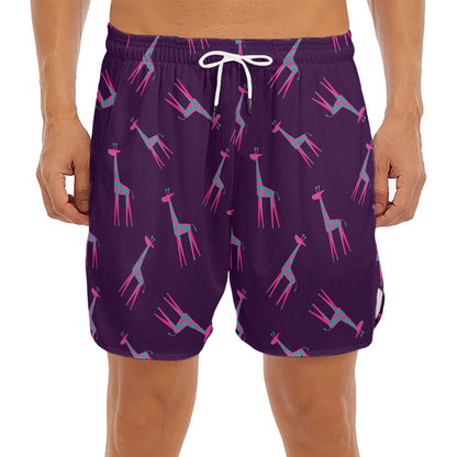 Purple And Teal Giraffe Pattern Print Men's Split Running Shorts