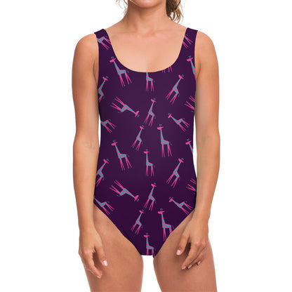 Purple And Teal Giraffe Pattern Print One Piece Swimsuit