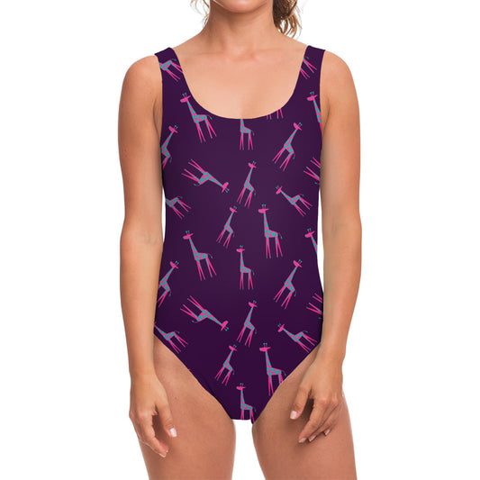 Purple And Teal Giraffe Pattern Print One Piece Swimsuit