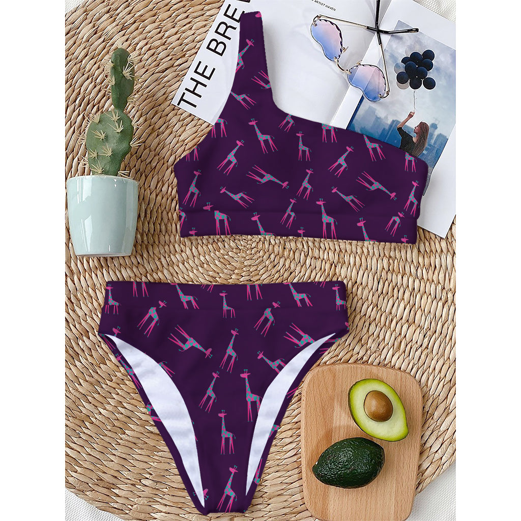 Purple And Teal Giraffe Pattern Print One Shoulder Bikini Top