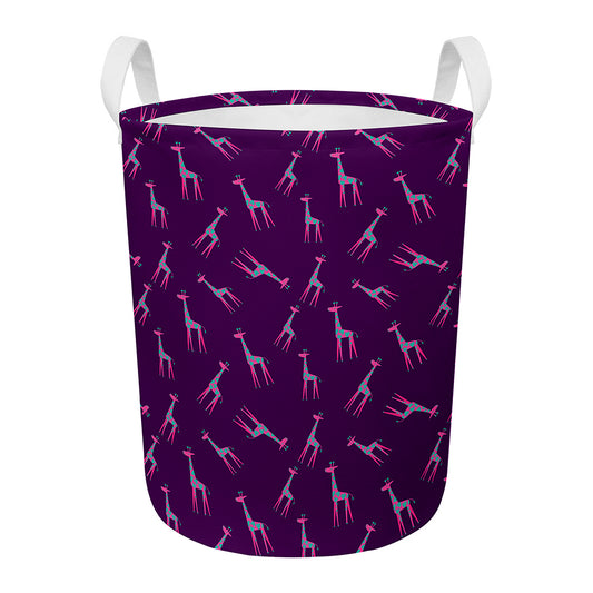 Purple And Teal Giraffe Pattern Print Round Laundry Basket