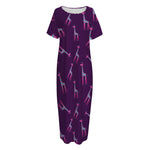 Purple And Teal Giraffe Pattern Print Short Sleeve Long Nightdress
