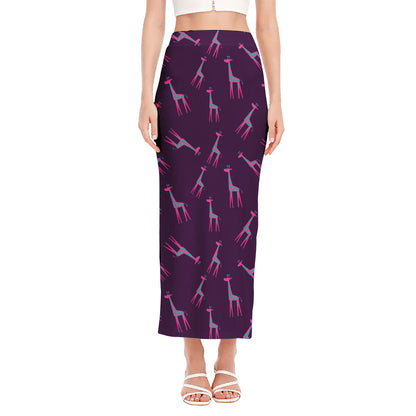 Purple And Teal Giraffe Pattern Print Side Slit Maxi Skirt