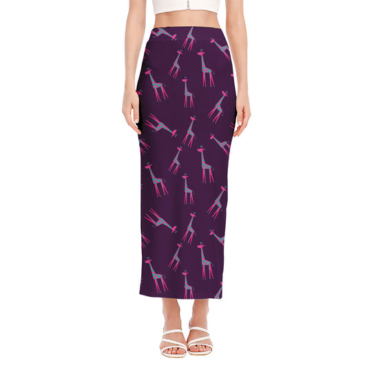 Purple And Teal Giraffe Pattern Print Side Slit Maxi Skirt