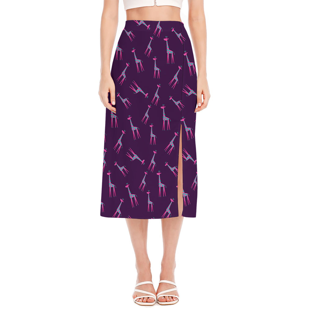 Purple And Teal Giraffe Pattern Print Side Slit Midi Skirt