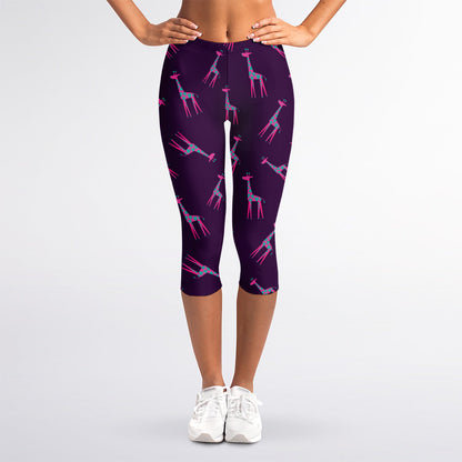 Purple And Teal Giraffe Pattern Print Women's Capri Leggings