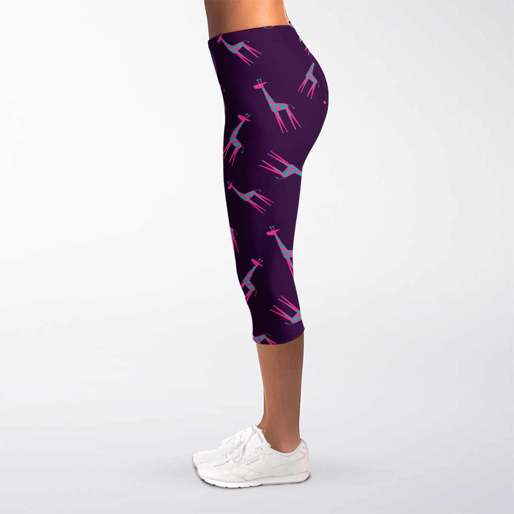 Purple And Teal Giraffe Pattern Print Women's Capri Leggings