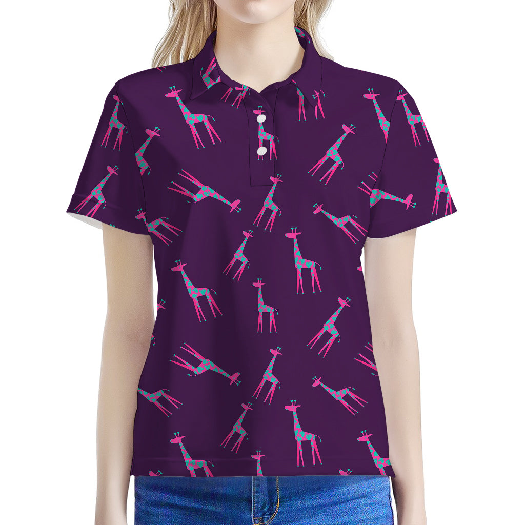 Purple And Teal Giraffe Pattern Print Women's Polo Shirt