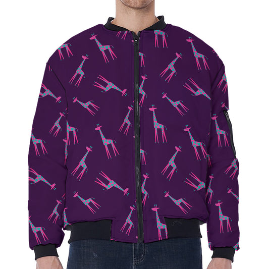 Purple And Teal Giraffe Pattern Print Zip Sleeve Bomber Jacket