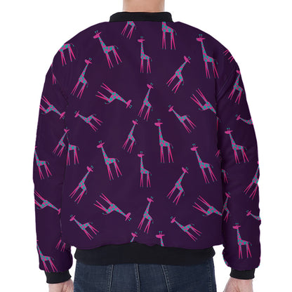 Purple And Teal Giraffe Pattern Print Zip Sleeve Bomber Jacket