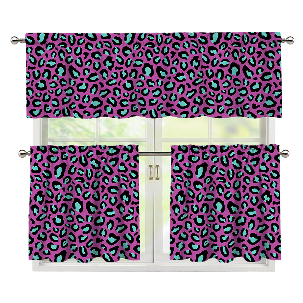 Purple And Teal Leopard Pattern Print 3 Piece Kitchen Curtains