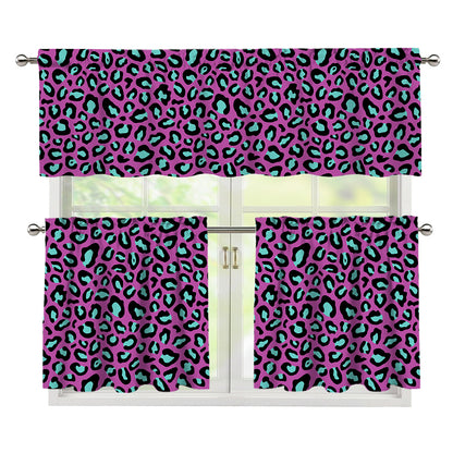 Purple And Teal Leopard Pattern Print 3 Piece Kitchen Curtains