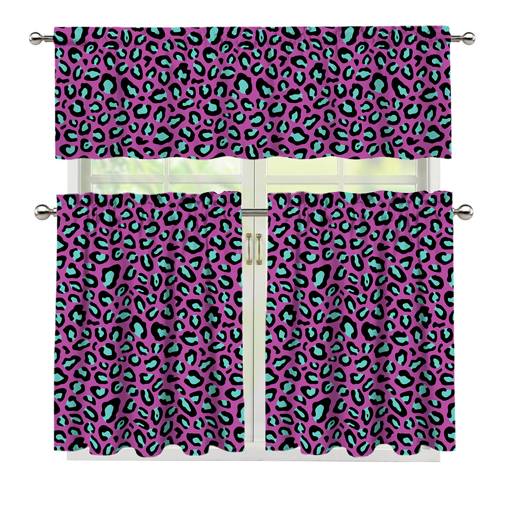 Purple And Teal Leopard Pattern Print 3 Piece Kitchen Curtains