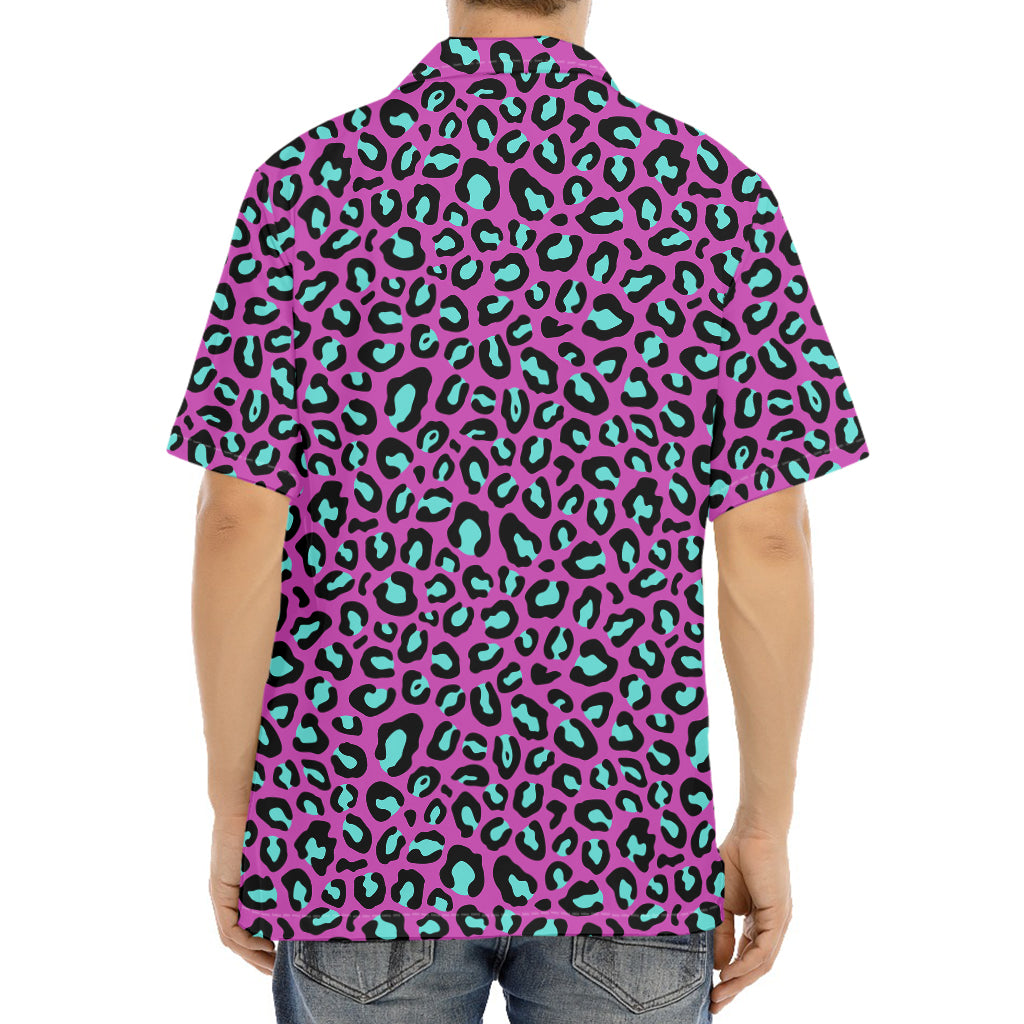 Purple And Teal Leopard Pattern Print Aloha Shirt