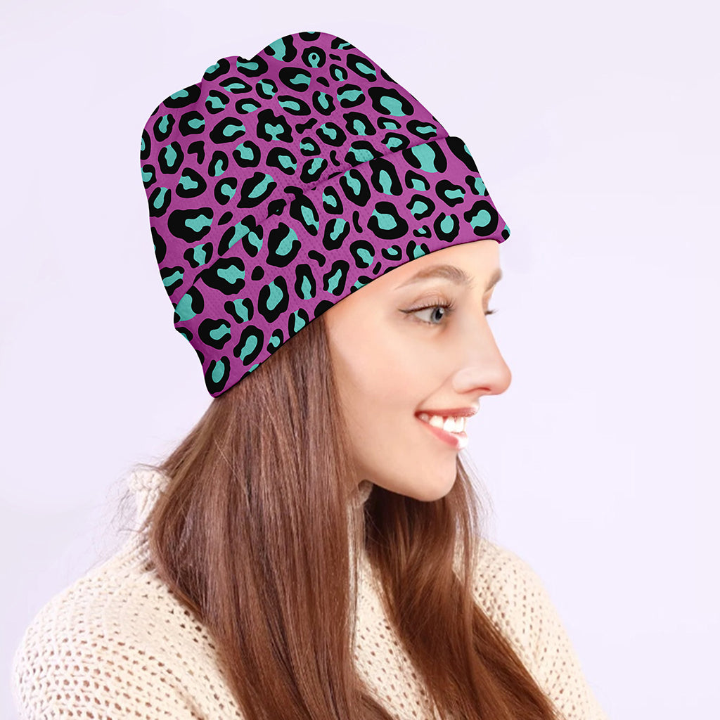 Purple And Teal Leopard Pattern Print Beanie