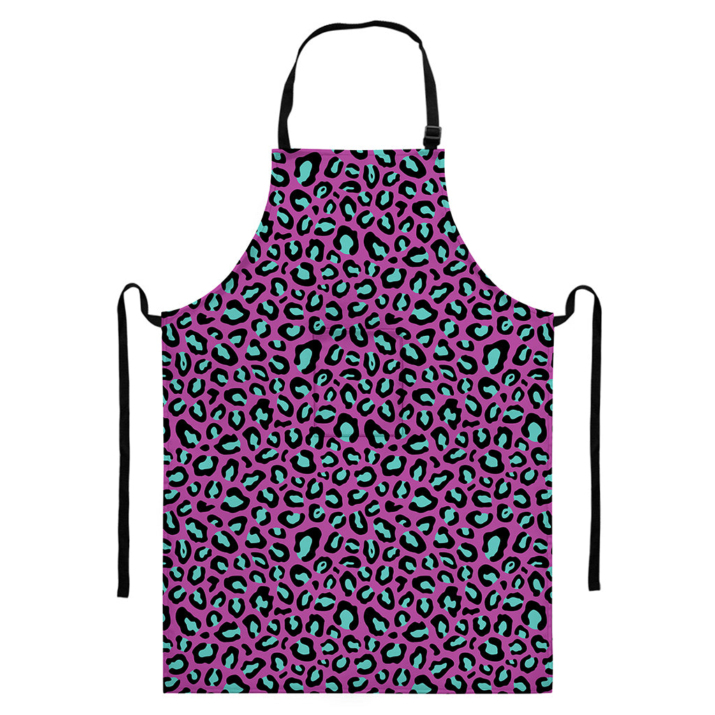 Purple And Teal Leopard Pattern Print Bib Apron With Pocket