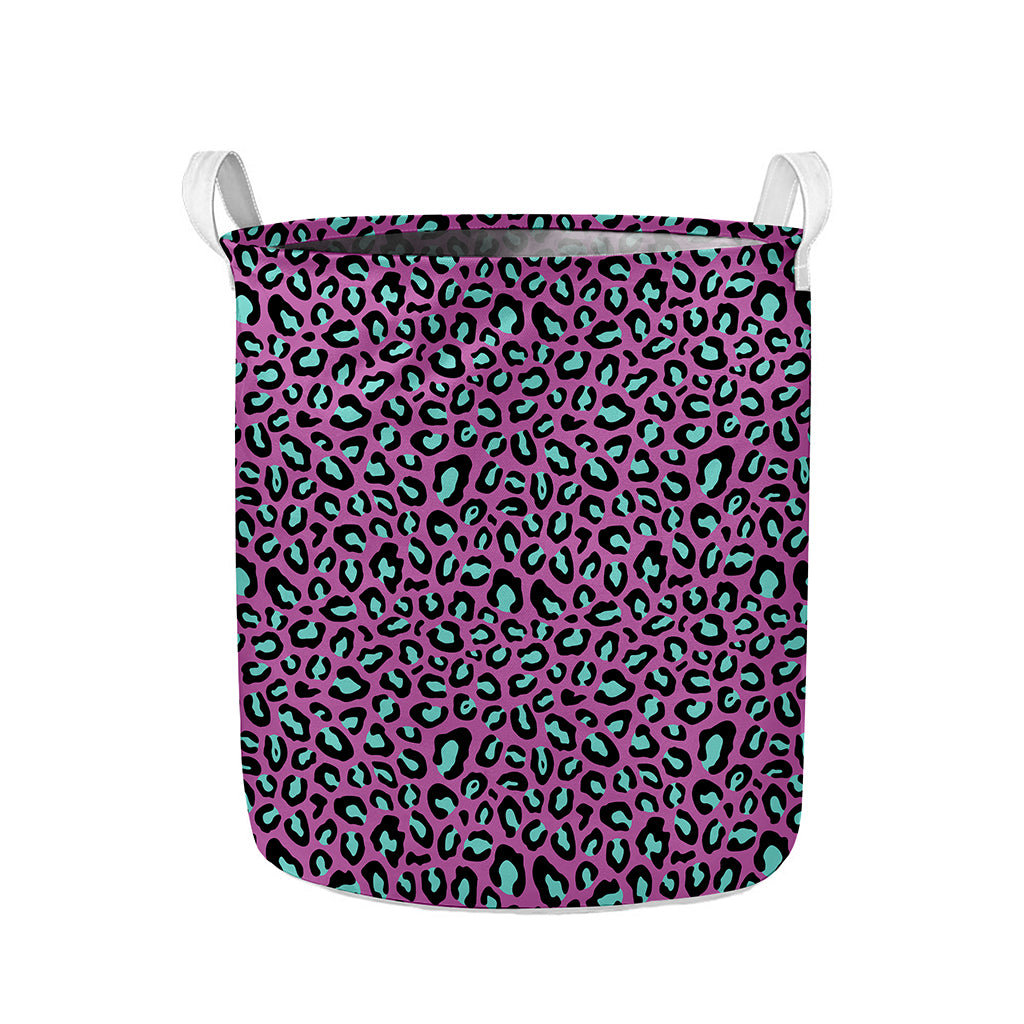 Purple And Teal Leopard Pattern Print Collapsible Laundry Basket