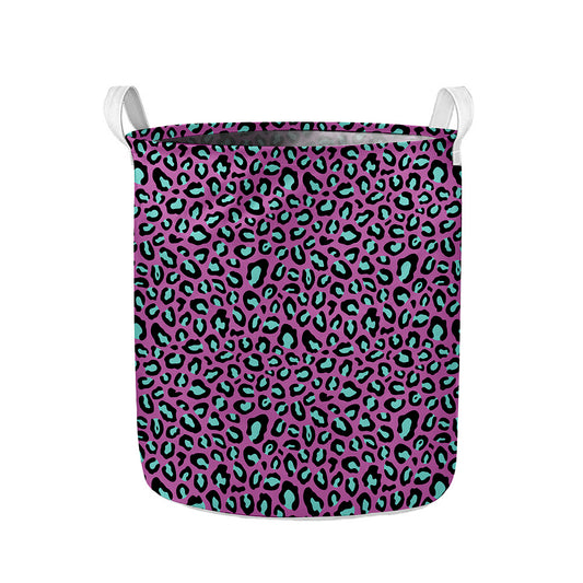 Purple And Teal Leopard Pattern Print Collapsible Laundry Basket