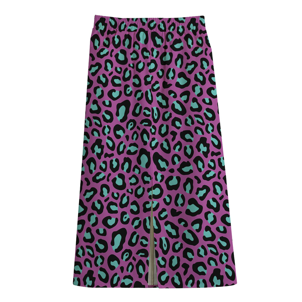 Purple And Teal Leopard Pattern Print Cotton Front Slit Maxi Skirt