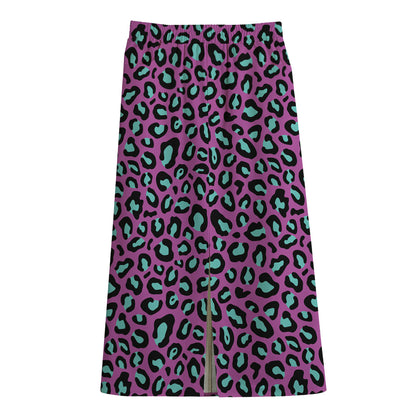 Purple And Teal Leopard Pattern Print Cotton Front Slit Maxi Skirt