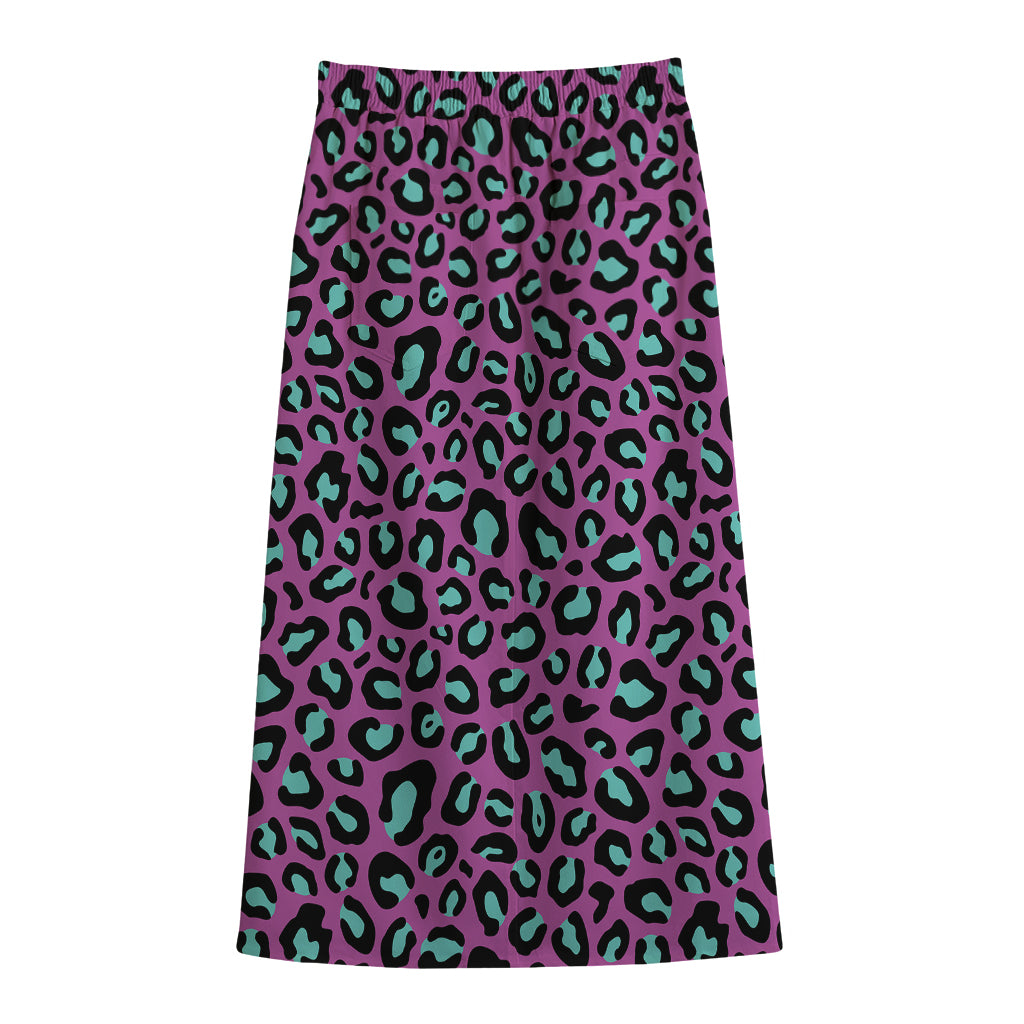 Purple And Teal Leopard Pattern Print Cotton Front Slit Maxi Skirt