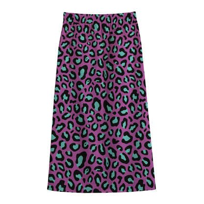 Purple And Teal Leopard Pattern Print Cotton Front Slit Maxi Skirt