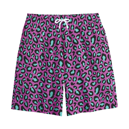 Purple And Teal Leopard Pattern Print Cotton Shorts