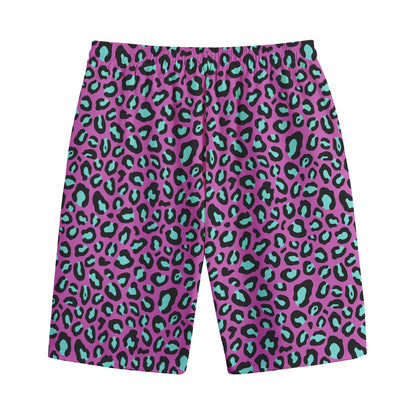 Purple And Teal Leopard Pattern Print Cotton Shorts