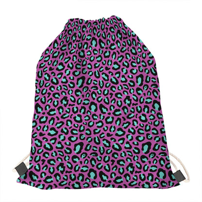 Purple And Teal Leopard Pattern Print Drawstring Bag