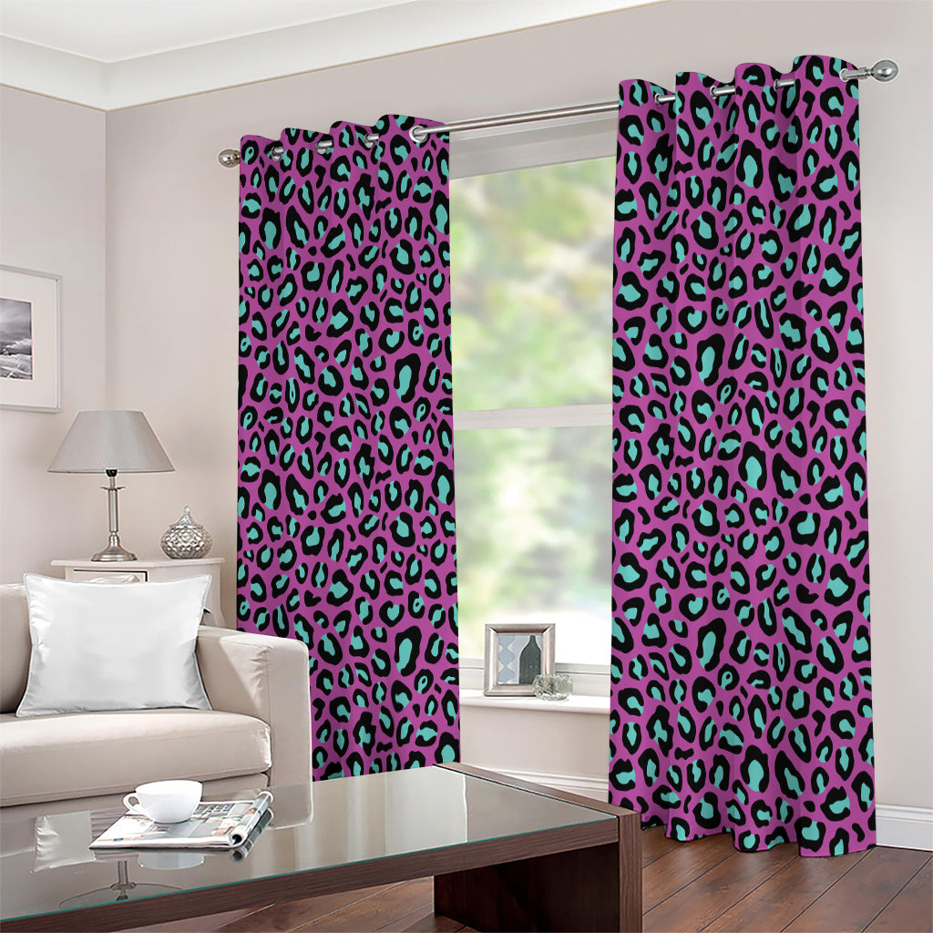 Purple And Teal Leopard Pattern Print Extra Wide Grommet Curtains