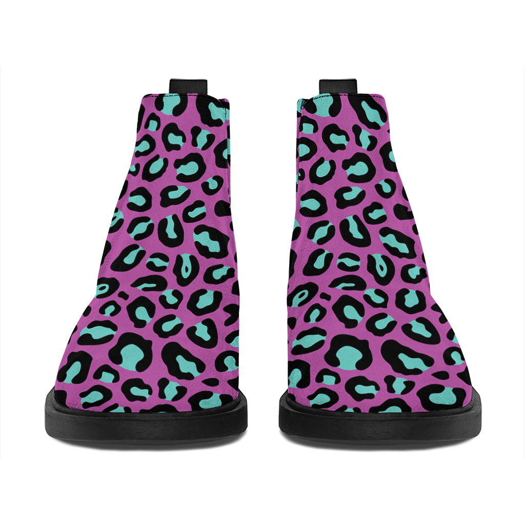 Purple And Teal Leopard Pattern Print Flat Ankle Boots