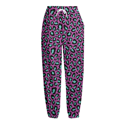 Purple And Teal Leopard Pattern Print Fleece Lined Knit Pants