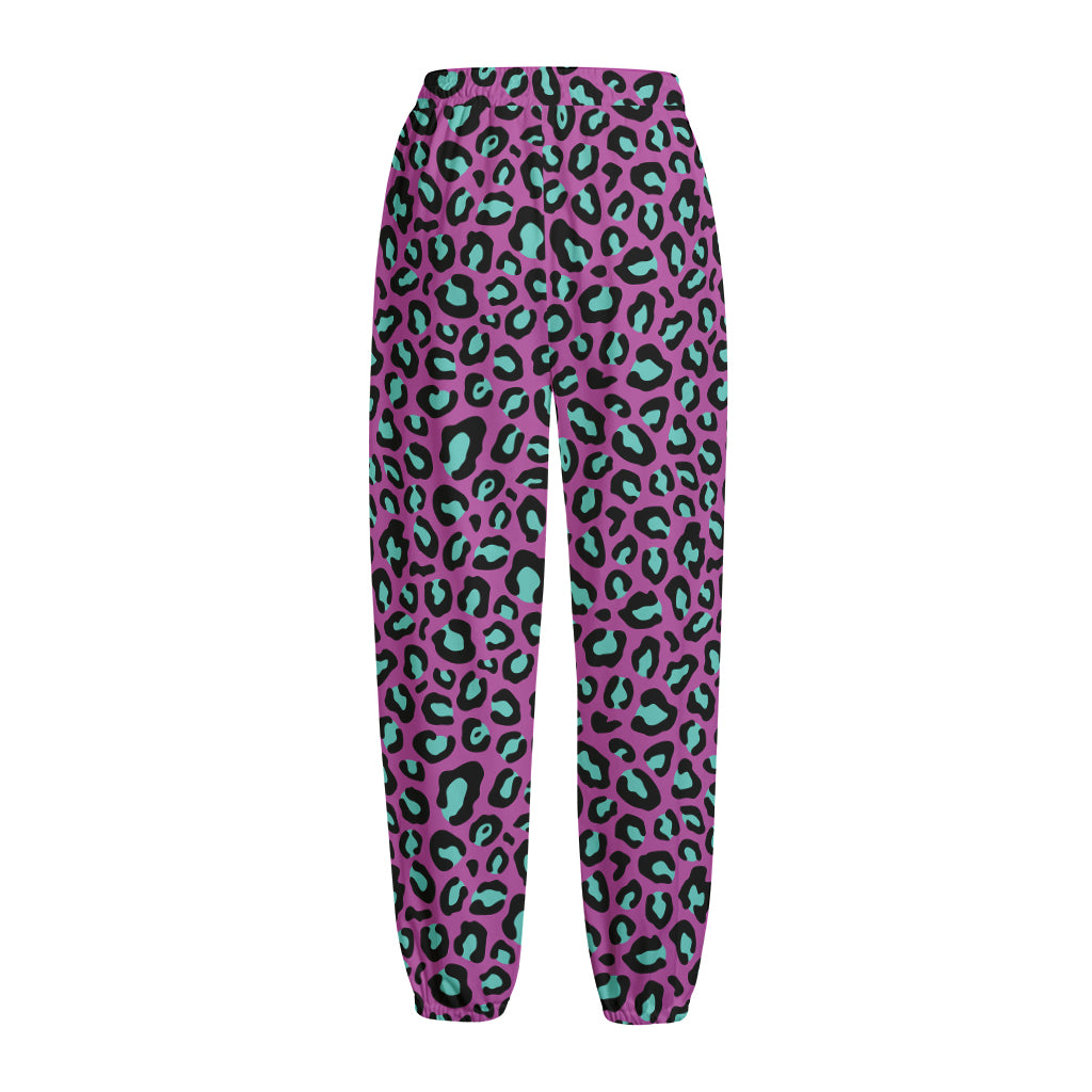 Purple And Teal Leopard Pattern Print Fleece Lined Knit Pants
