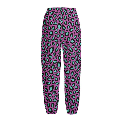 Purple And Teal Leopard Pattern Print Fleece Lined Knit Pants
